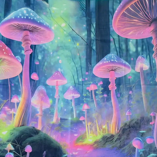 Altar cloth bright pinks, blues giant mushrooms growing in a make believe forest 
