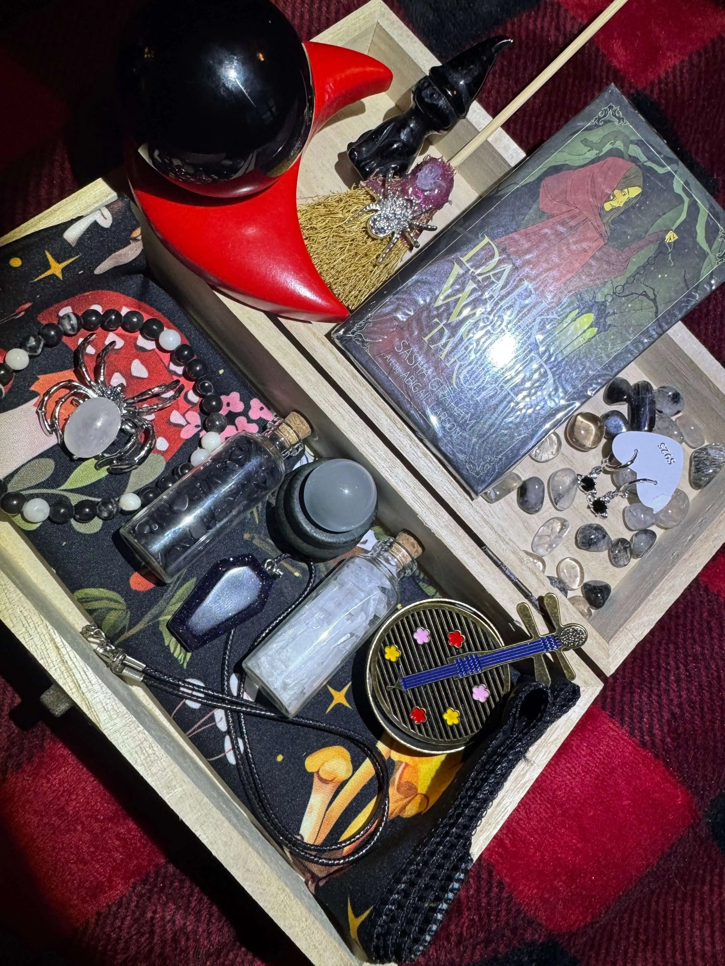 Dark wood tarot travel box with altar crystals