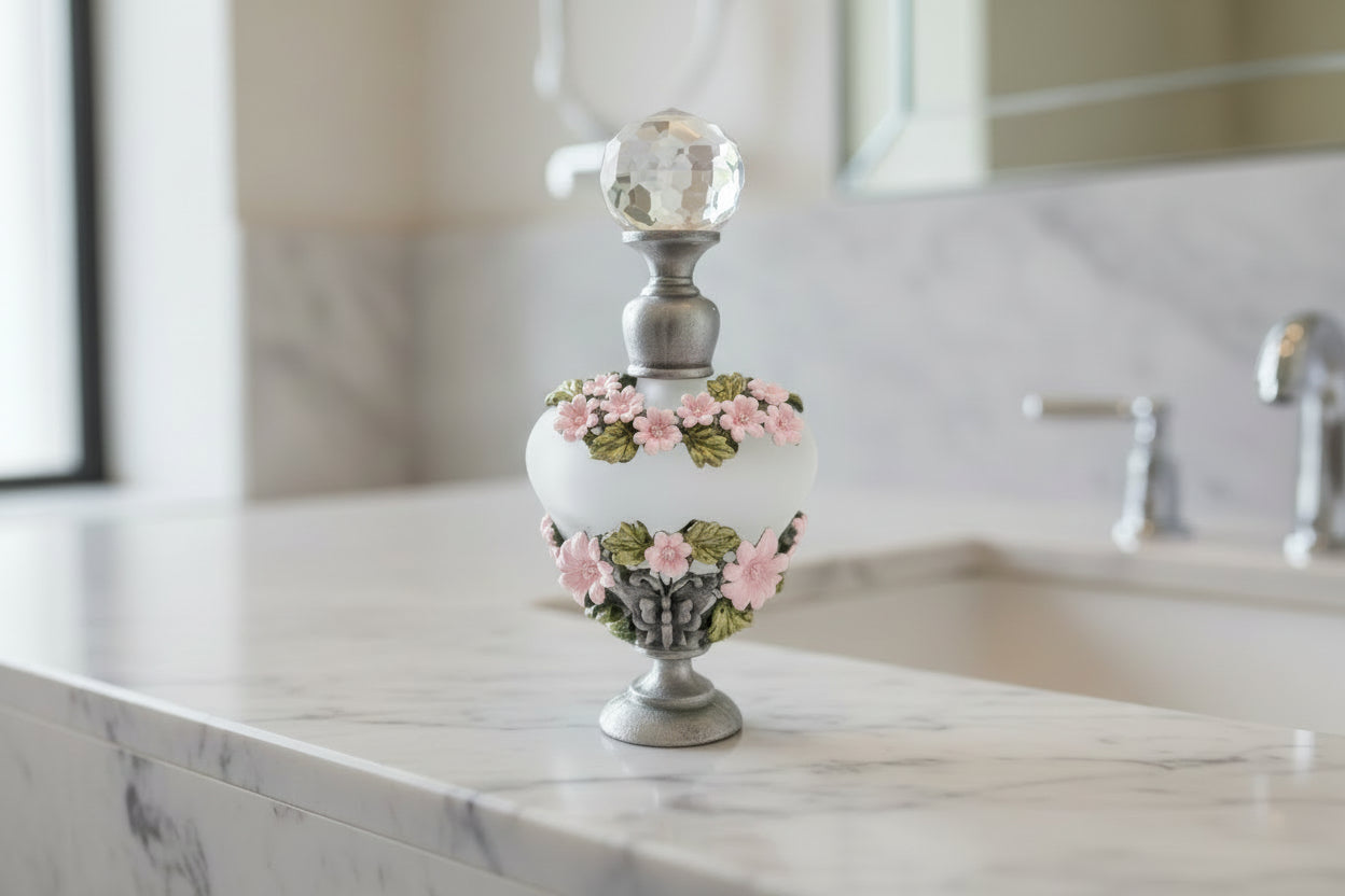 Vintage frosted glass decorative bottle with floral design and crystal topper
