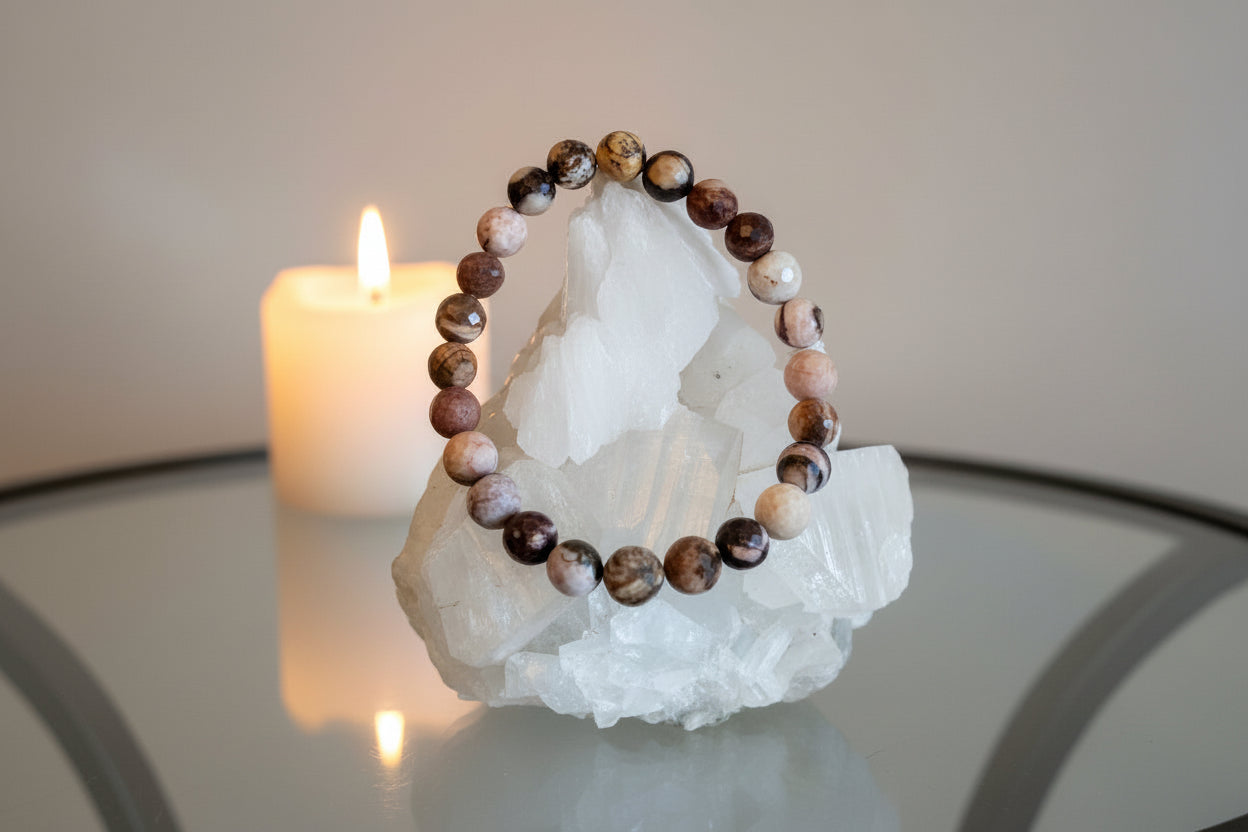Picture Jasper Bead Bracelet 8mm round stones on a crystal, with a candle