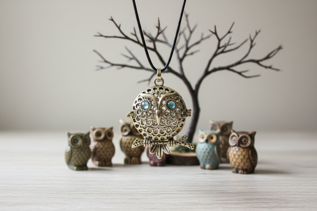 Gold owl pendant with black cord on a white background