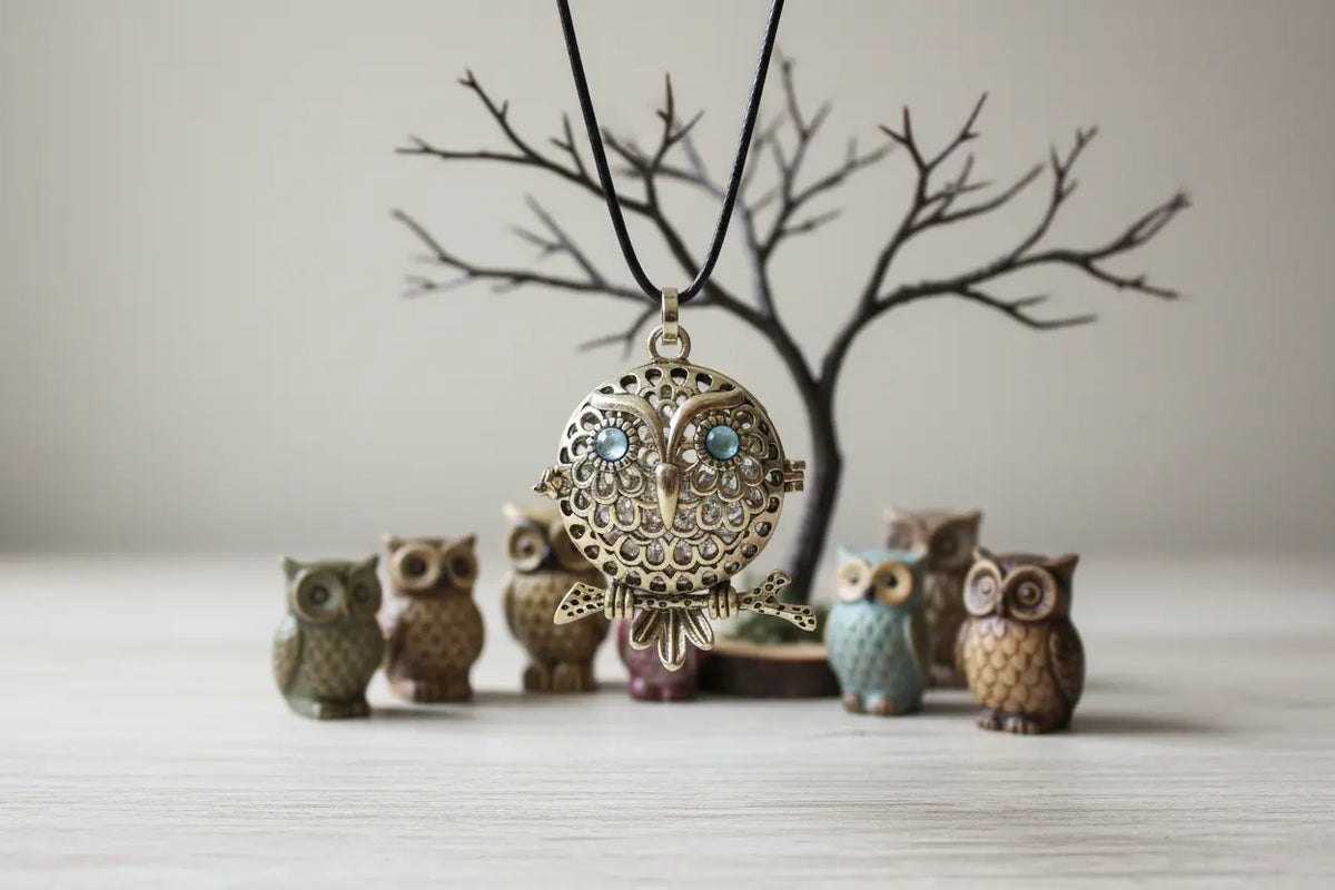 Gold owl pendant with black cord on a white background