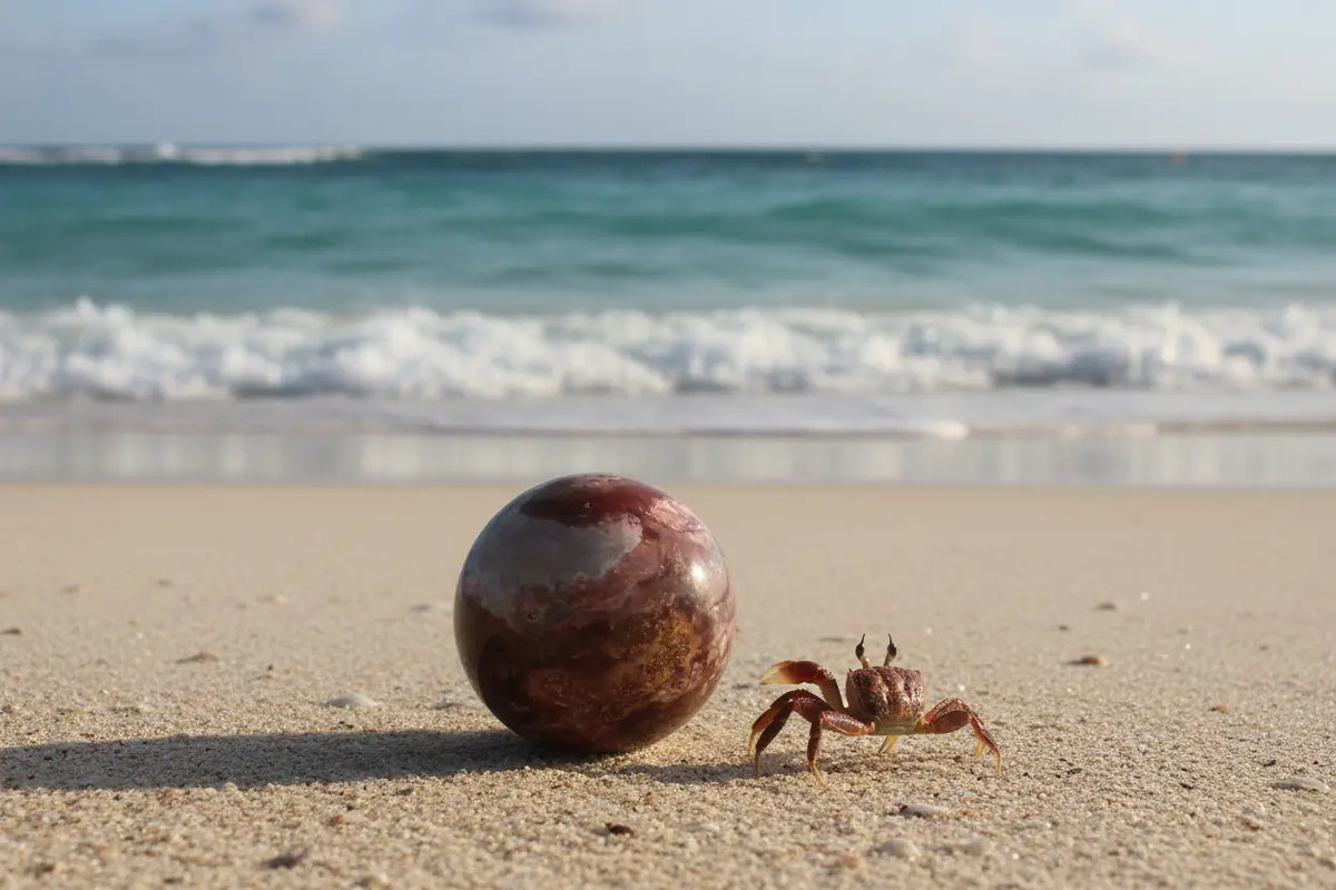 Polychrome Desert Jasper sphere on sandy beach with small crab