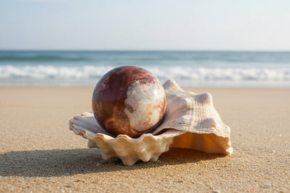 Polychrome sphere with bright rust brown colors, blue and ivory sitting in a seashell on a sandy beach with waves behind