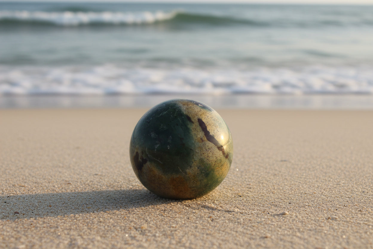 beautiful polychrome jasper sphere lots of grass green color with yellows and browns on the sand on a beach with the ocean waves behind 