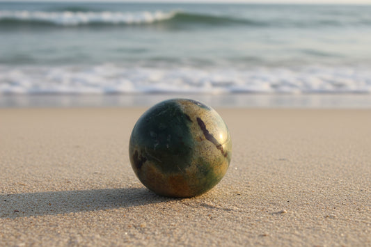 beautiful polychrome jasper sphere lots of grass green color with yellows and browns on the sand on a beach with the ocean waves behind 