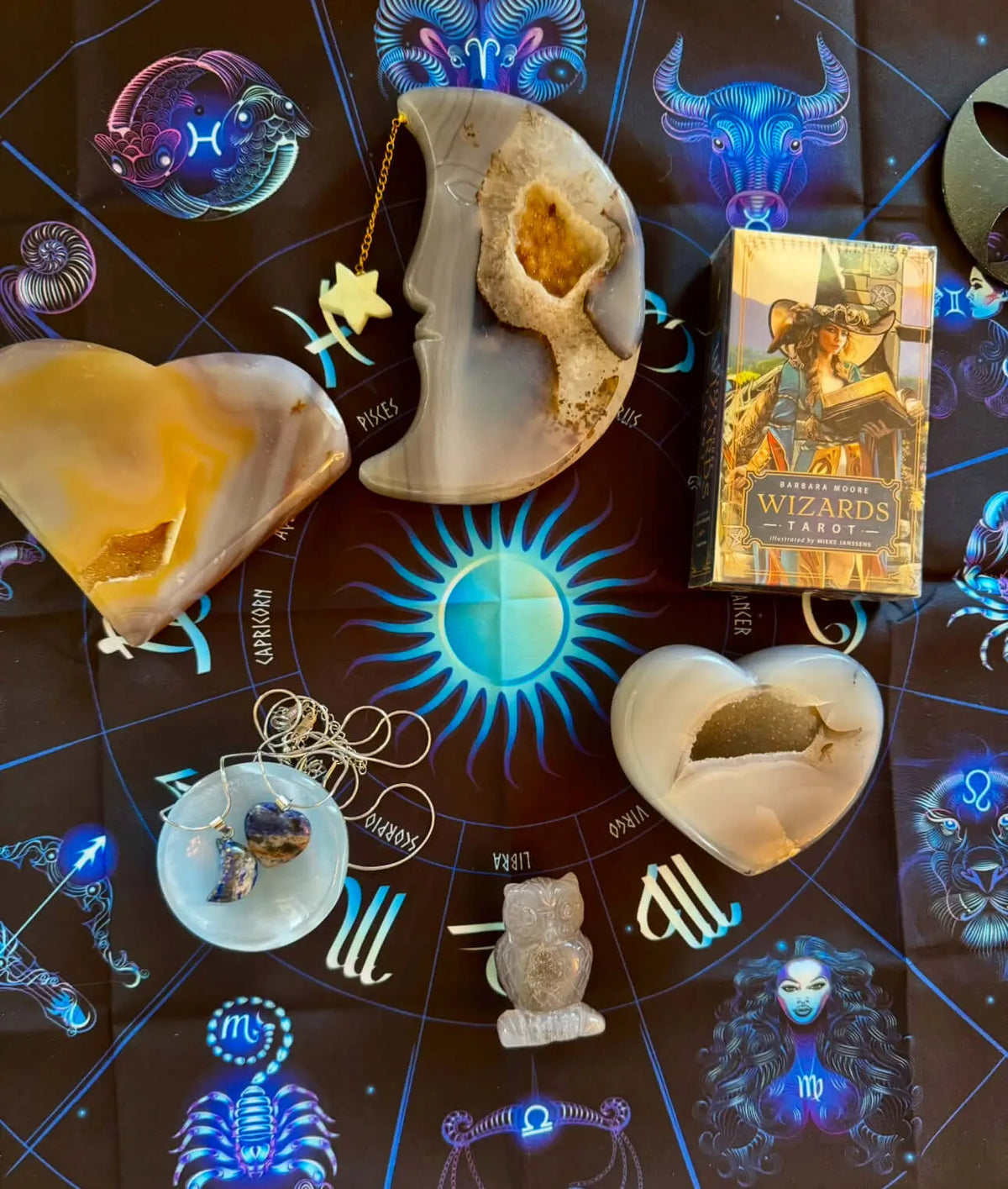 Assorted Crown Chakra crystals with Druzy Agate moon