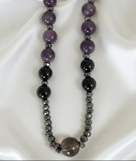 Close up of amethyst, hematite and black obsidian rosary beads
