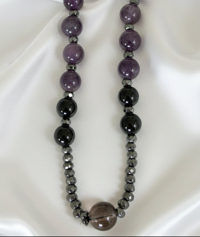 Close up of amethyst, hematite and black obsidian rosary beads