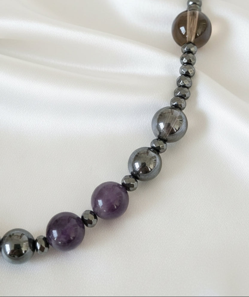 Close up of amethyst and hematite beads with a white background