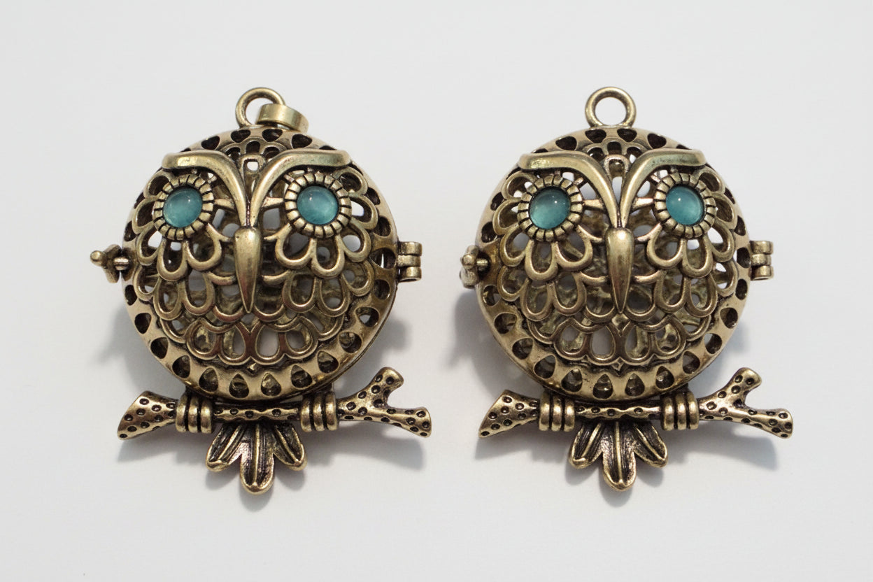 Gold tone owl crystal diffuser locket pendant with turquoise stones, boosts intuition