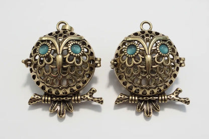 Gold tone owl crystal diffuser locket pendant with turquoise stones, boosts intuition