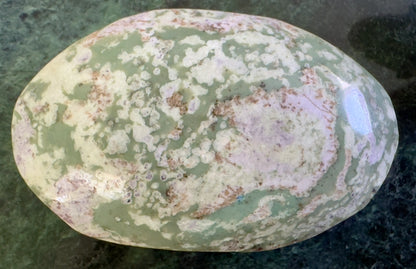 Natural Green Ocean Jasper palm stone polished display