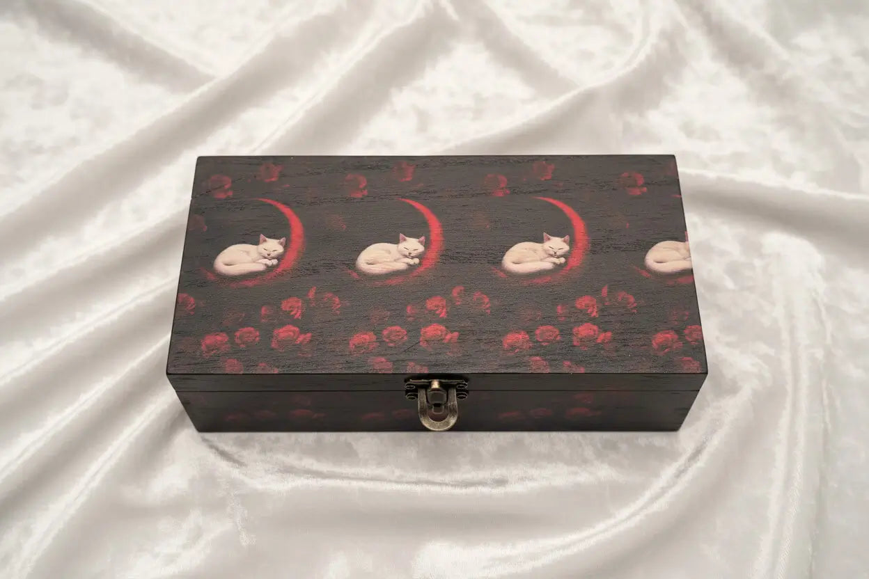 Dark wood tarot travel box with cats moons and roses design