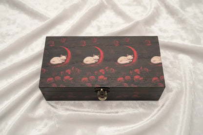 Dark wood tarot travel box with cats moons and roses design