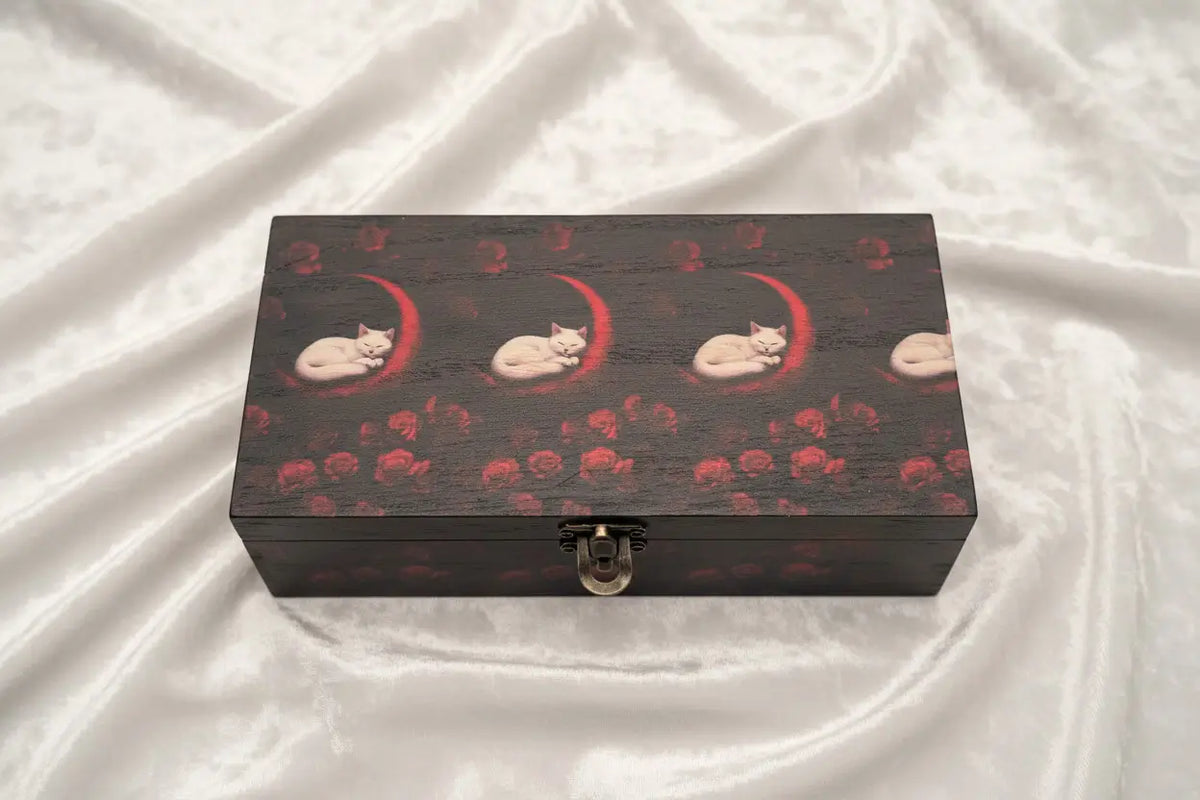 Dark wood tarot travel box with cats moons and roses design