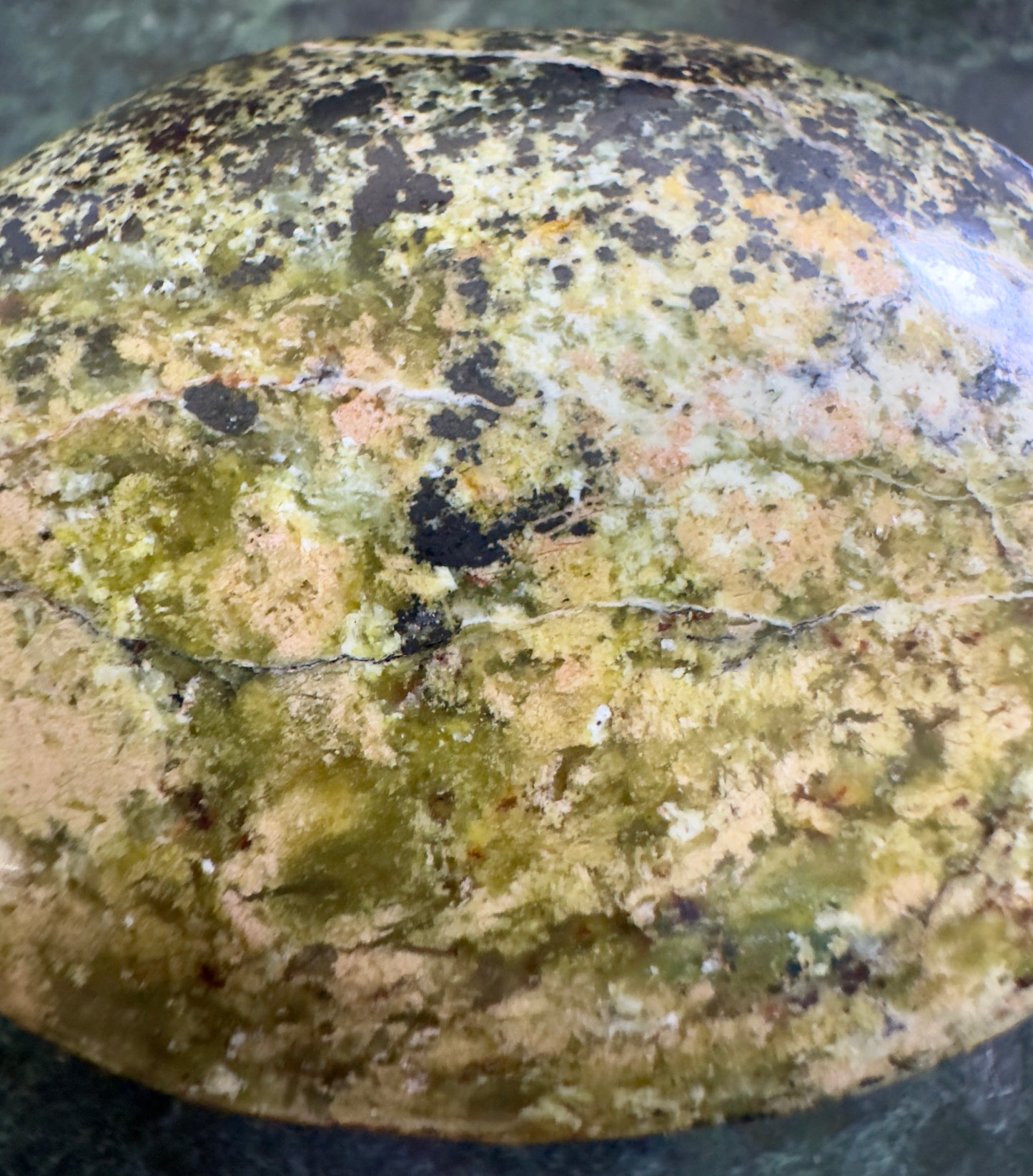 Polished green-beige stone with dark brown spots.