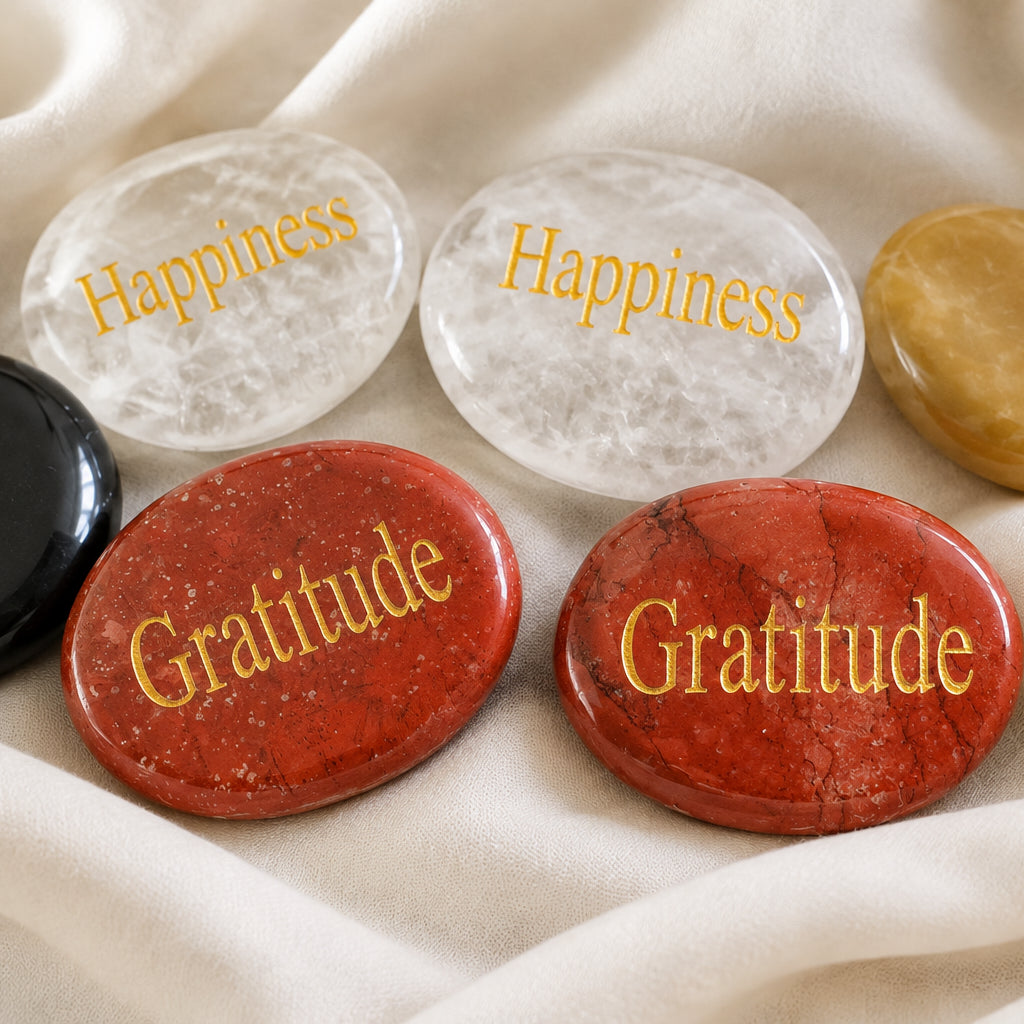 Red Jasper worry or mantra stones with Gratitude etched on them in a gold tone letterig