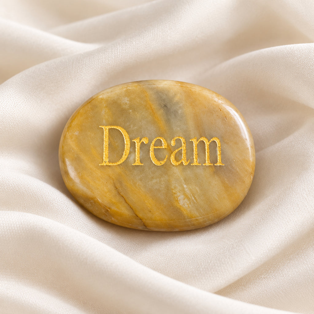 Oval stone with "Dream" in gold text.