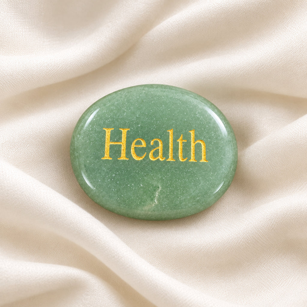 aventurine mantra/pocket stone with health etched in a gold lettering