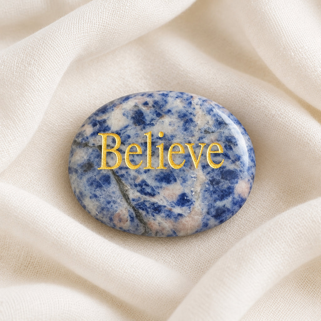 carved soldalite crystal oval shaped worry stone with Believe etched on one side 