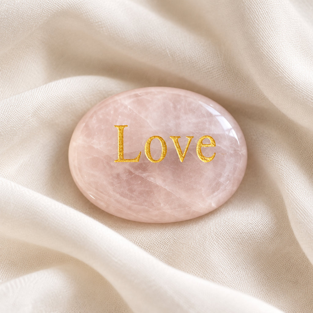 Rose quartz mineral, with Love carved on one side in gold tone lettering