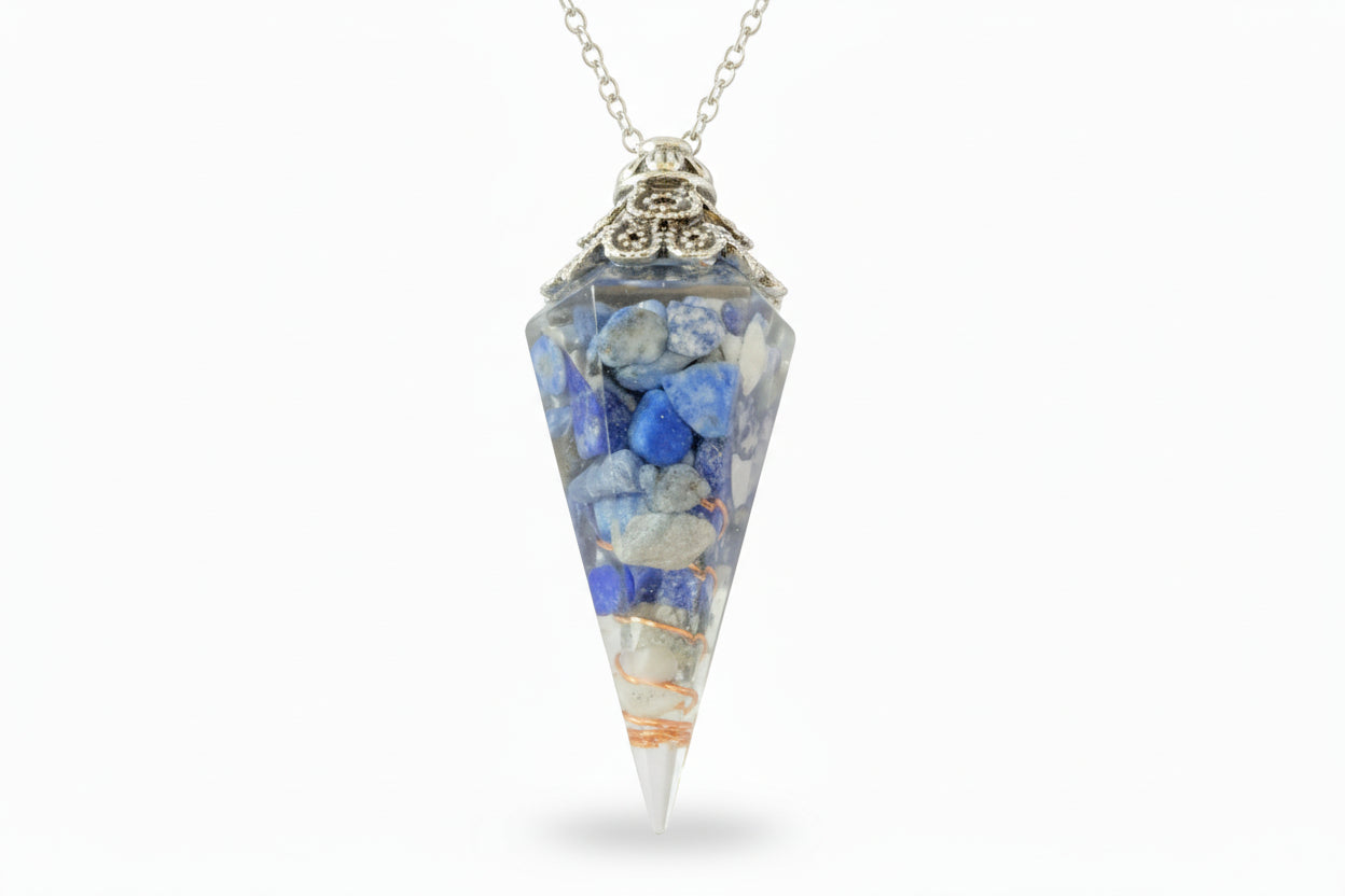 Sodalite crystals assorted blues and ivory colors encased in clear resin and internal copper wire to enhance the vibrations
