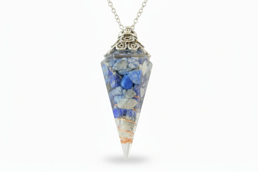 Sodalite crystals assorted blues and ivory colors encased in clear resin and internal copper wire to enhance the vibrations