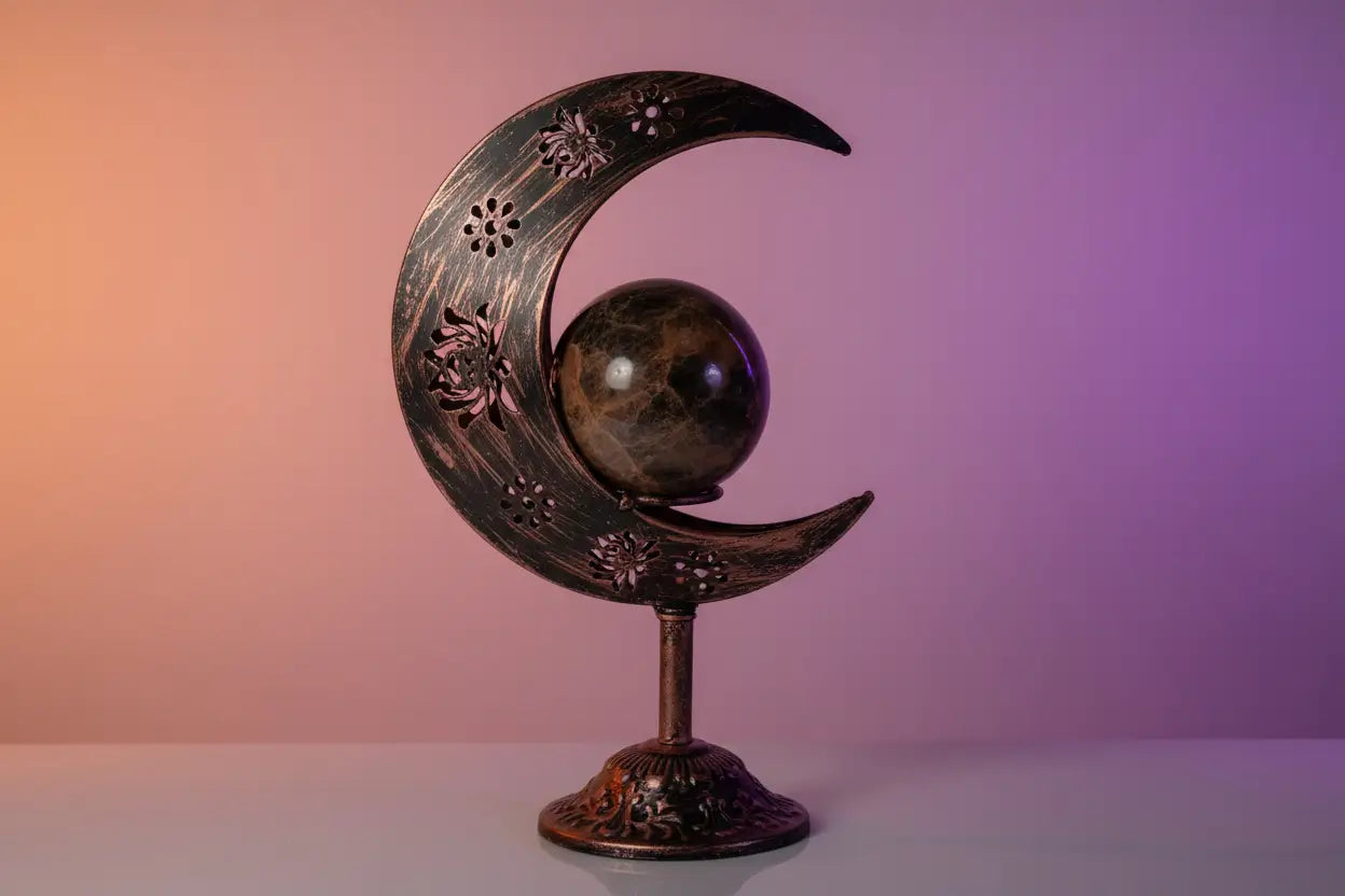 Crescent moon shaped sphere display holder with painted copper and black decoration 
