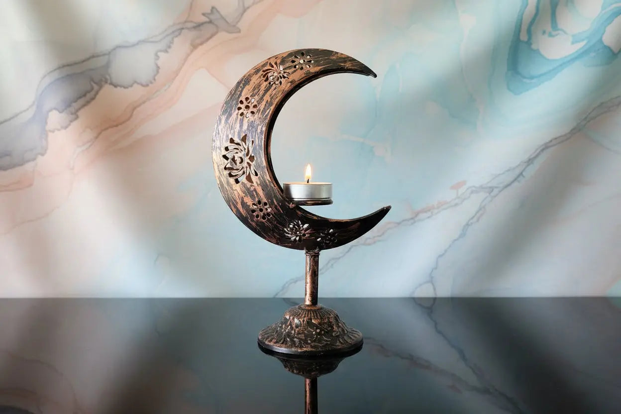 Copper crescent moon sphere stand with a lit candle for crystal display