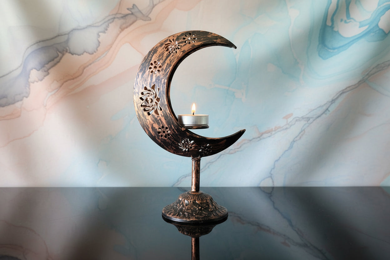 Copper crescent moon sphere stand with a lit candle for crystal display