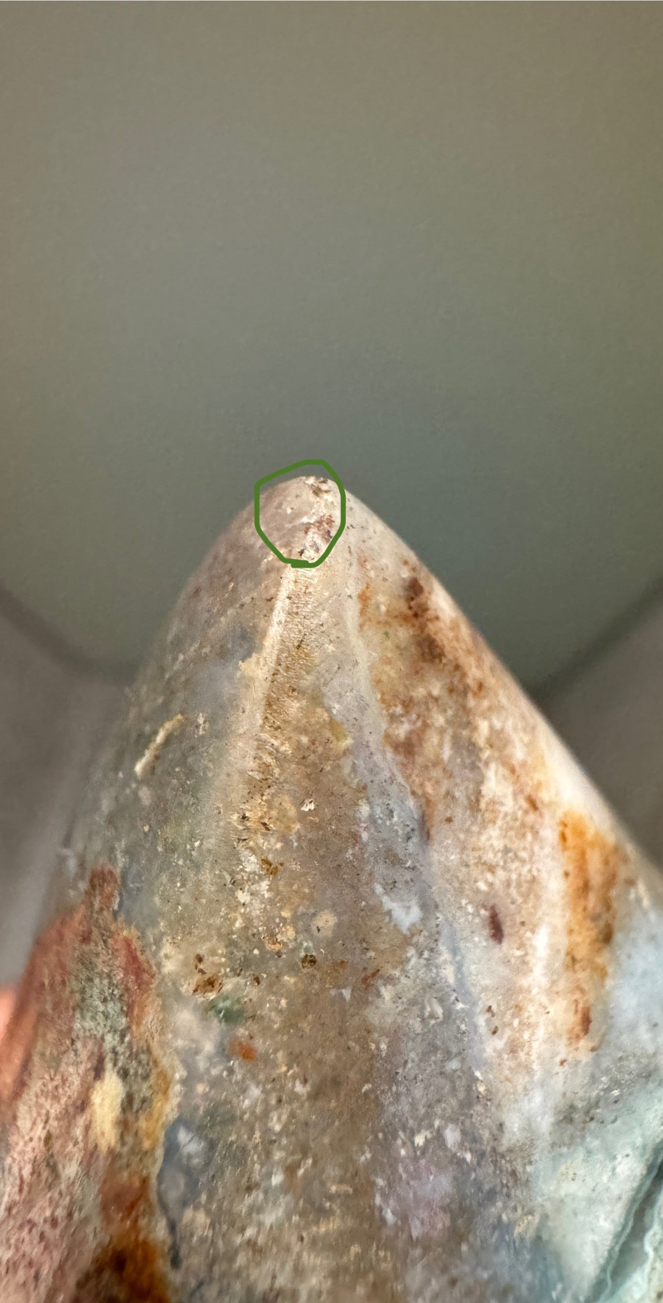 Close-up of a multicolored stone artifact with a circular green mark highlighting the tip.