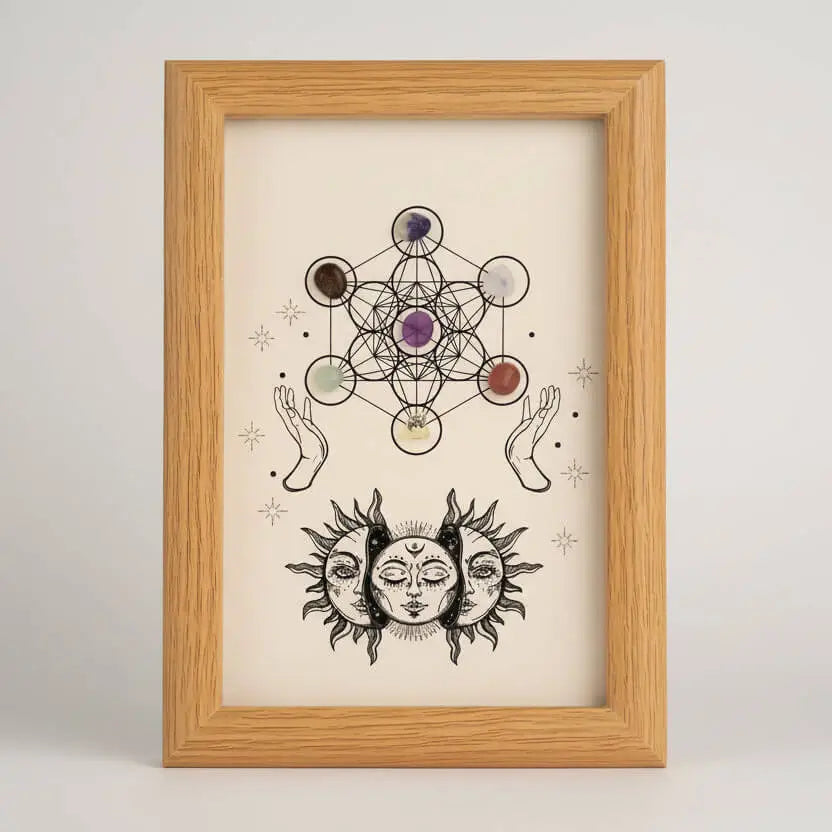 Framed artwork with geometric design and hands, framed in a wooden frame.