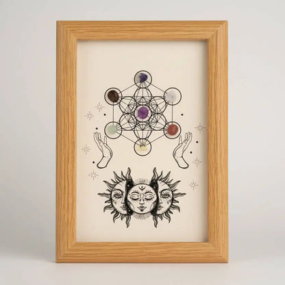 Framed artwork with geometric design and hands, framed in a wooden frame.
