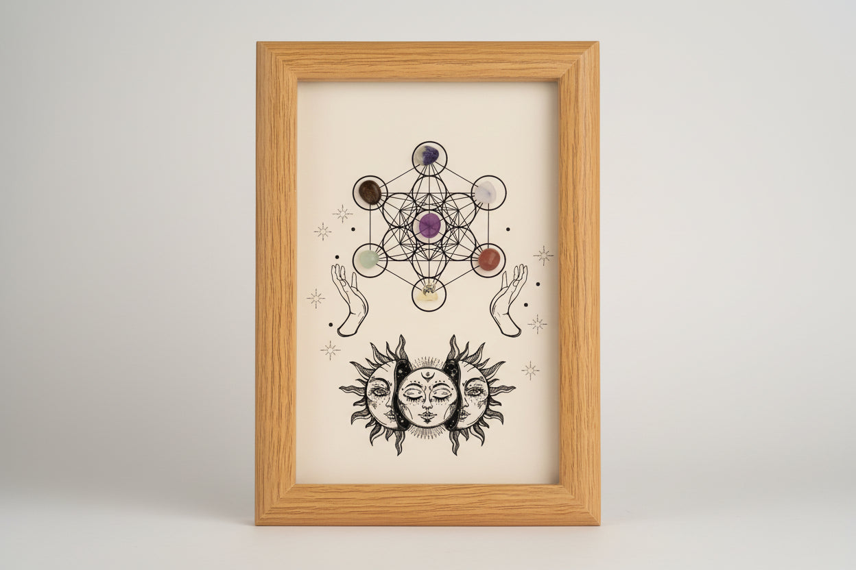 Framed artwork with geometric design and hands, framed in a wooden frame.