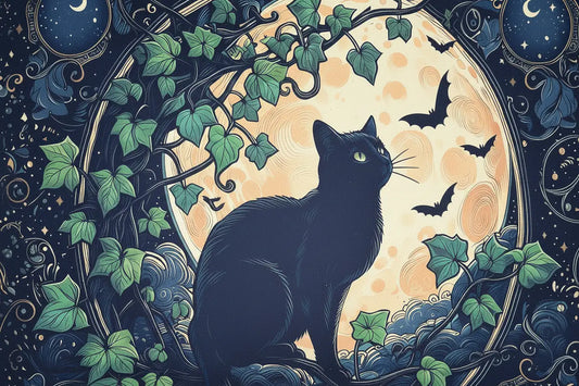 altar cloth fabric with black cat, bats, ivy 