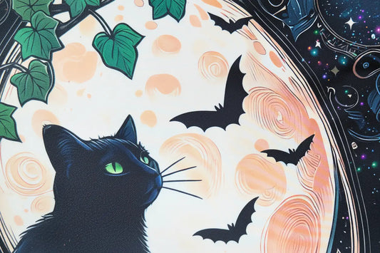 Altar Cloth with orange, green and black colors  Black cat looking at bats flying 