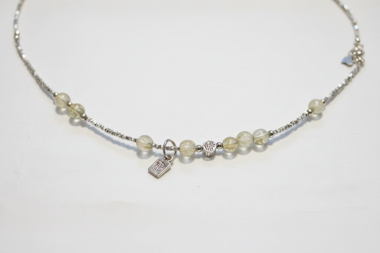 Petite size bracelet six inch rutilated quartz and 925 silver luck and prosperity charms beads are 3.98 mm