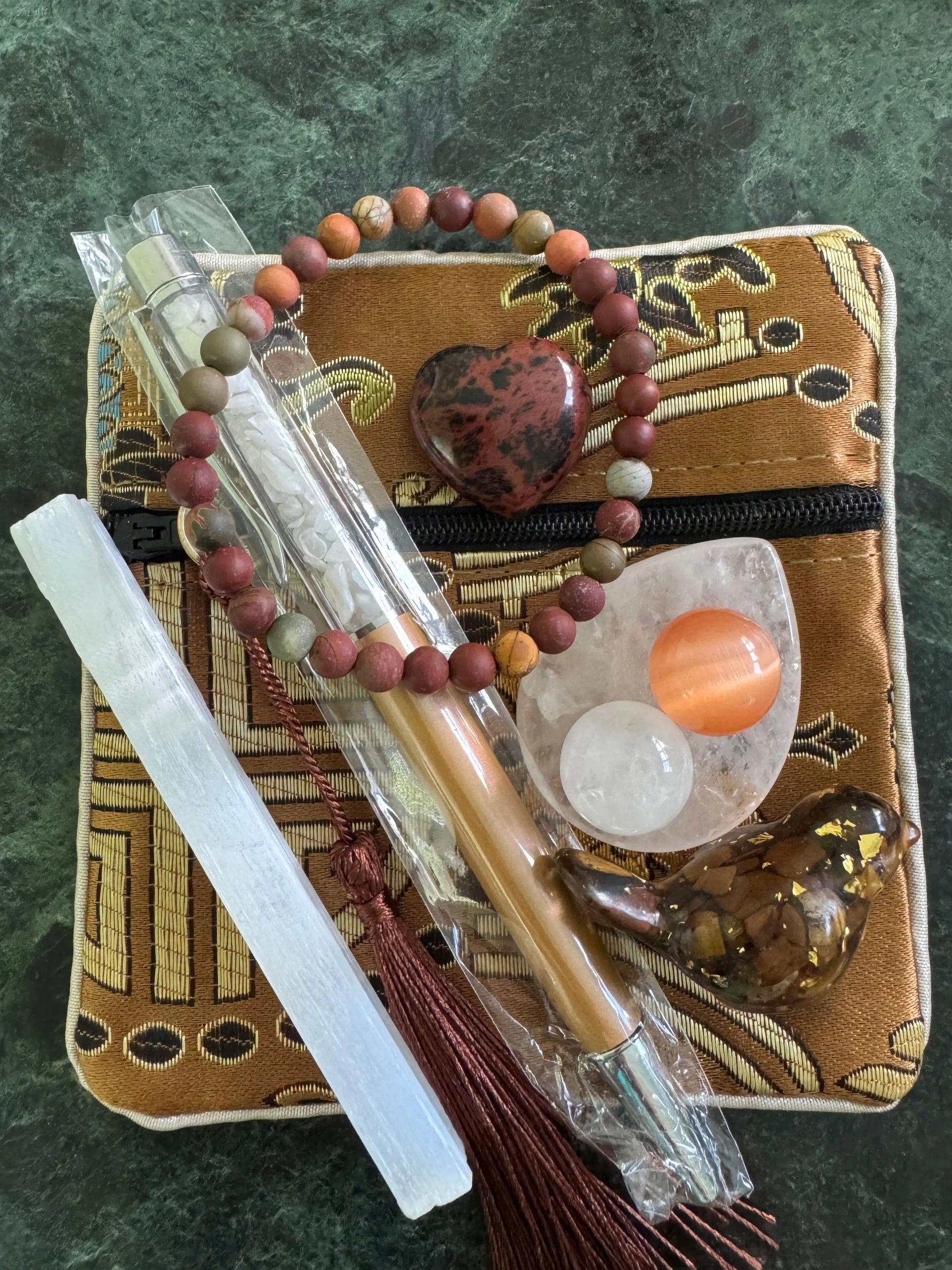 Selenite crystal travel set in chestnut silk zipper pouch