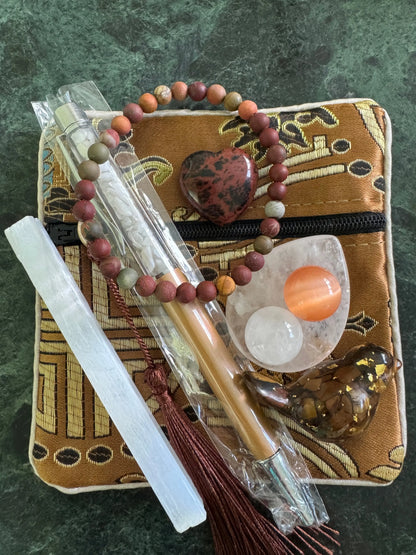 Selenite crystal travel set in chestnut silk zipper pouch