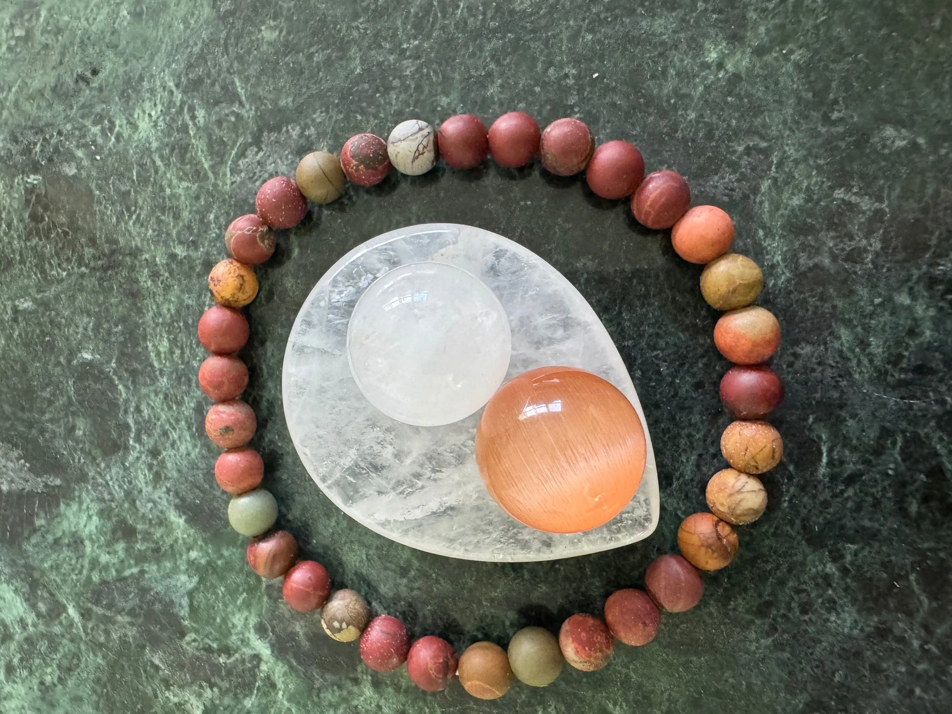 Selenite travel crystal set with chestnut silk pouch close-up