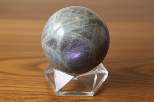 Labradorite Sphere Gray and Purple Protection Crystal on clear stand
