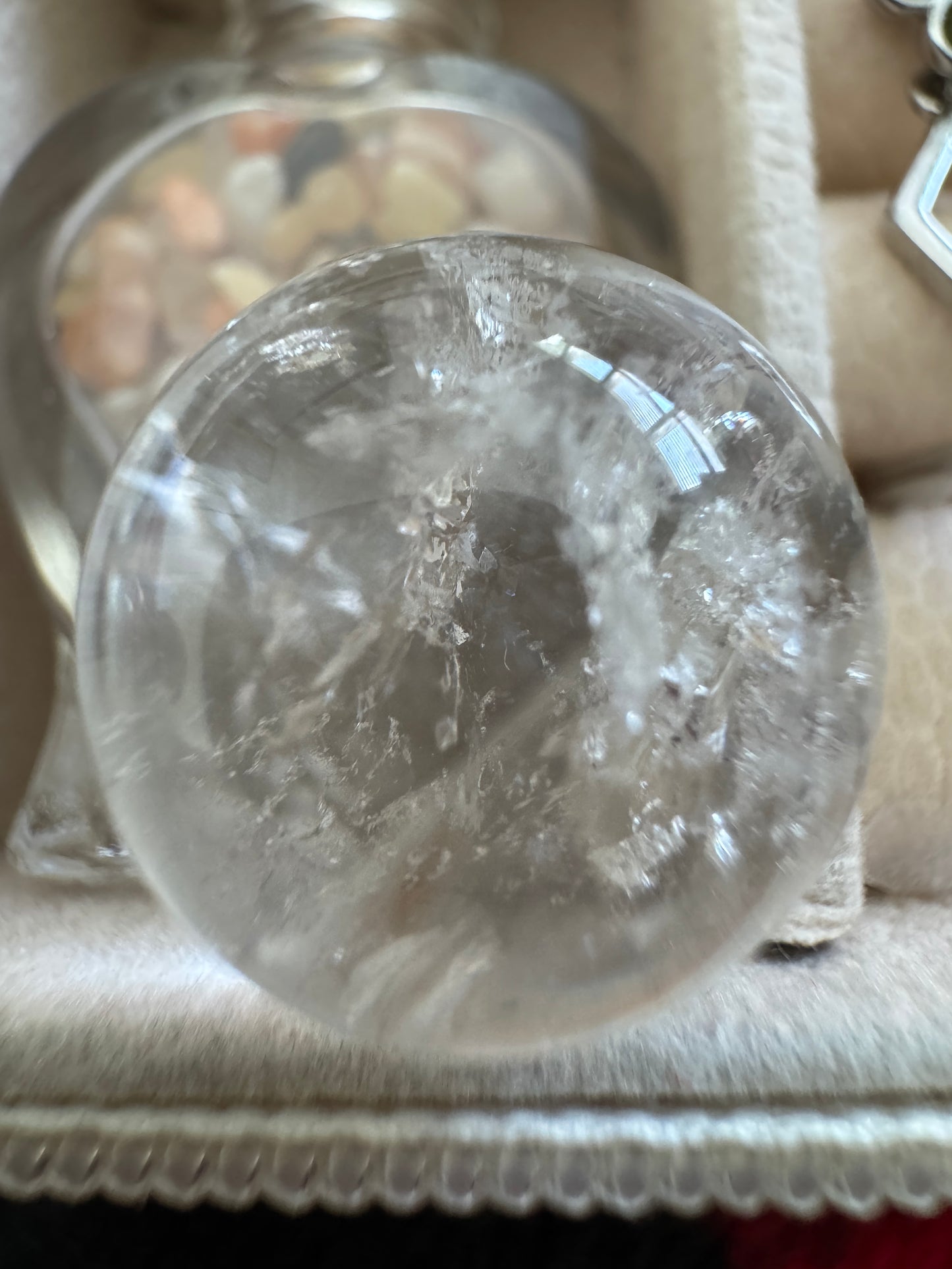 Close-up of a clear quartz crystal ball.