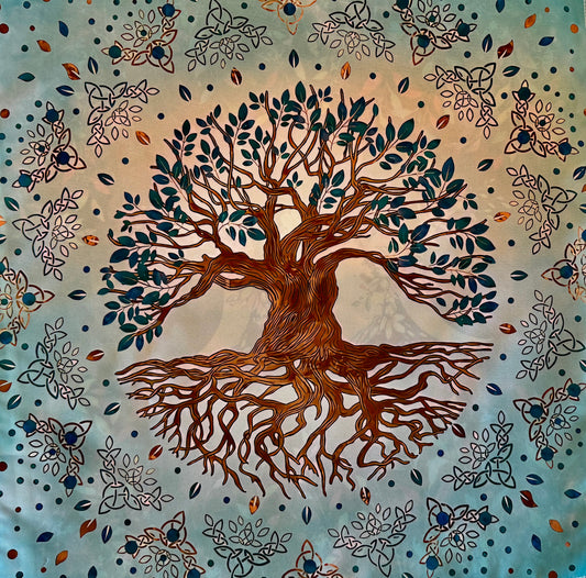 Fabric wall hanging with tree of life motif, celtic knots, blue and brown.