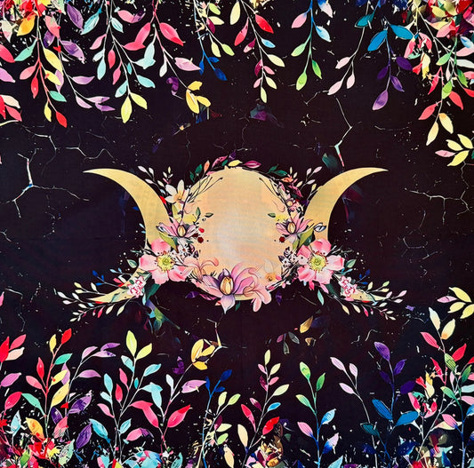Triple Moon Goddess altar cloth with colorful floral moon design