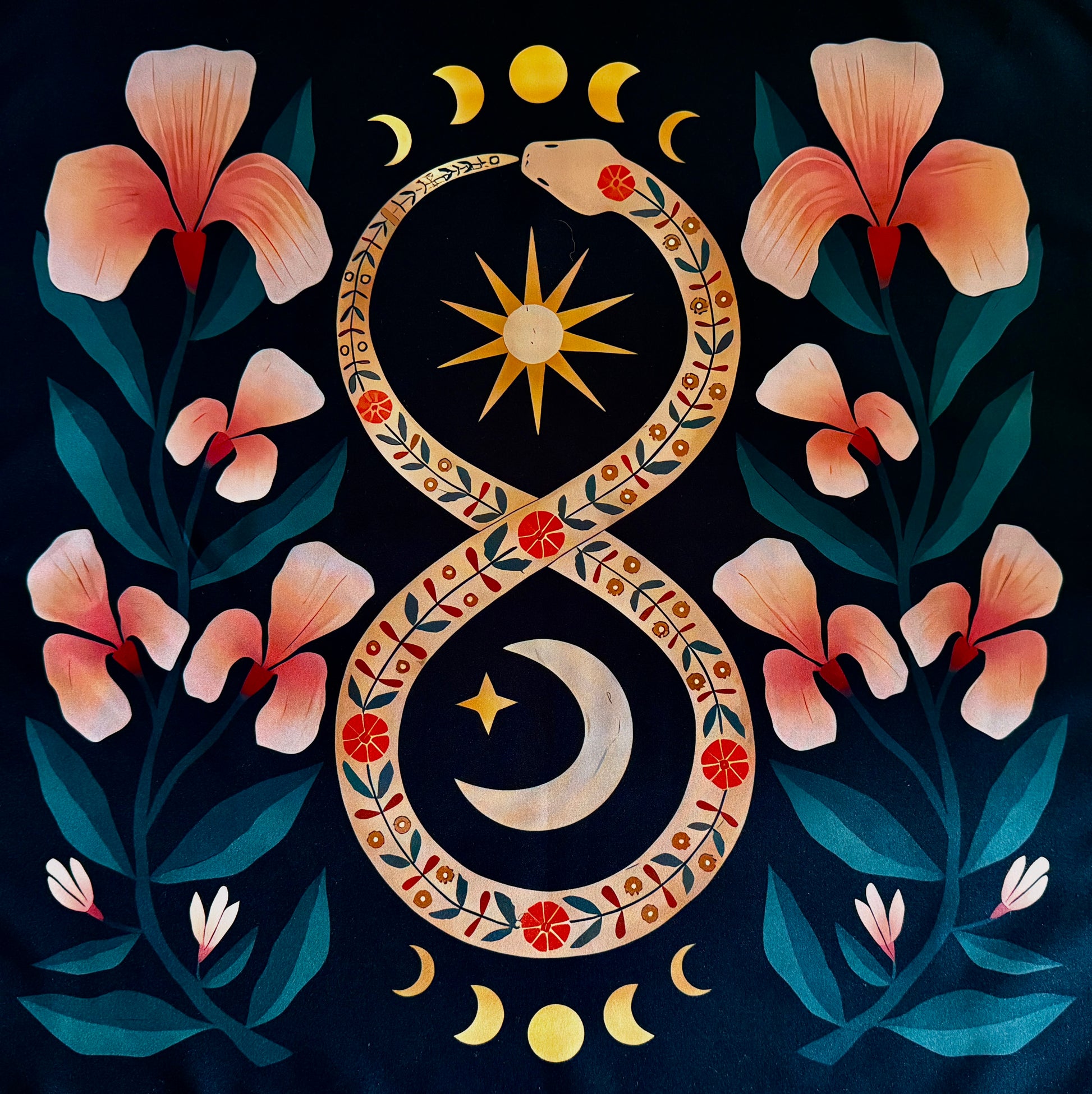 Floral-themed illustration with an ouroboros snake forming an infinity symbol around a star and crescent moon, framed by flowers, leaves, and lunar phases against a dark background.