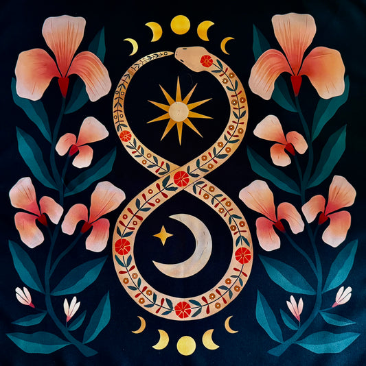 Floral-themed illustration with an ouroboros snake forming an infinity symbol around a star and crescent moon, framed by flowers, leaves, and lunar phases against a dark background.
