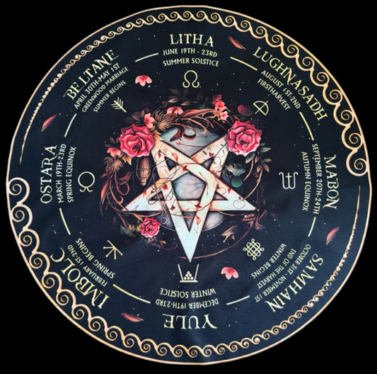 Decorative pagan wheel of the year on black.
