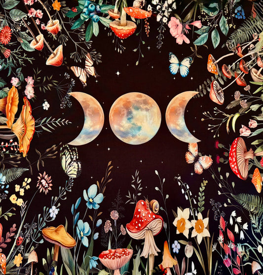 Botanical illustration featuring mushrooms, flowers, and butterflies, with a triple moon symbol at the center.