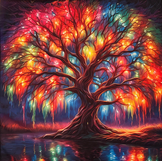 Bright oranges, blues, reds and yellow tree of life by a stream reflecting all the beautiful colors  the tree has many branches